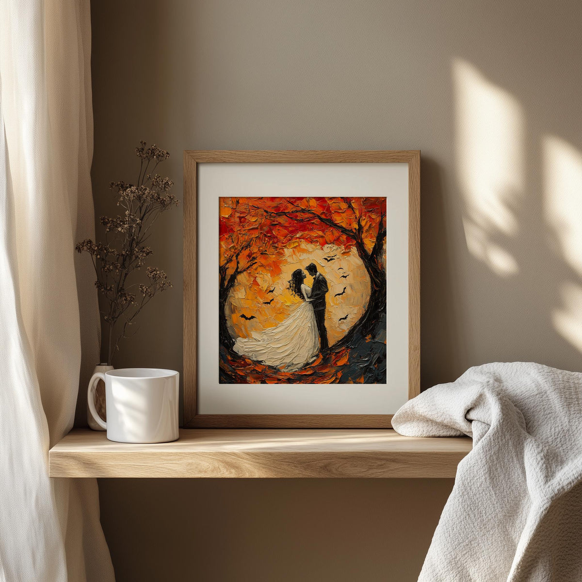 Autumn Moon Couple Halloween art print shown in a room setting