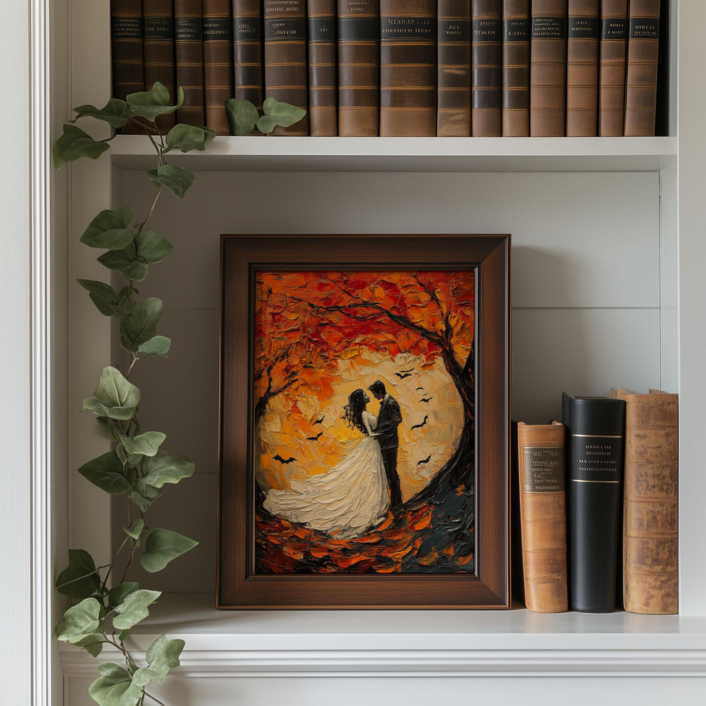 Autumn Moon Couple Halloween art print shown in a room setting