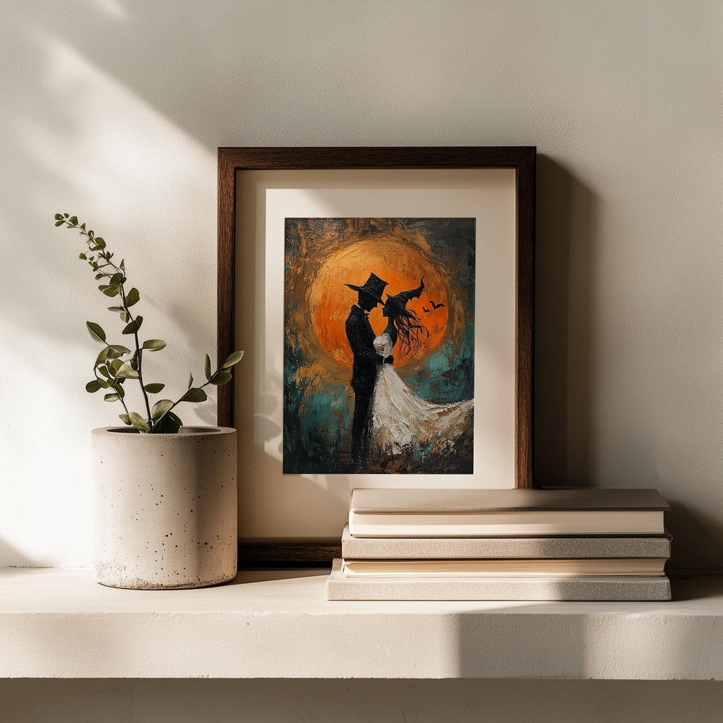 Moon Wedding Silhouette Halloween art print shown in a room setting