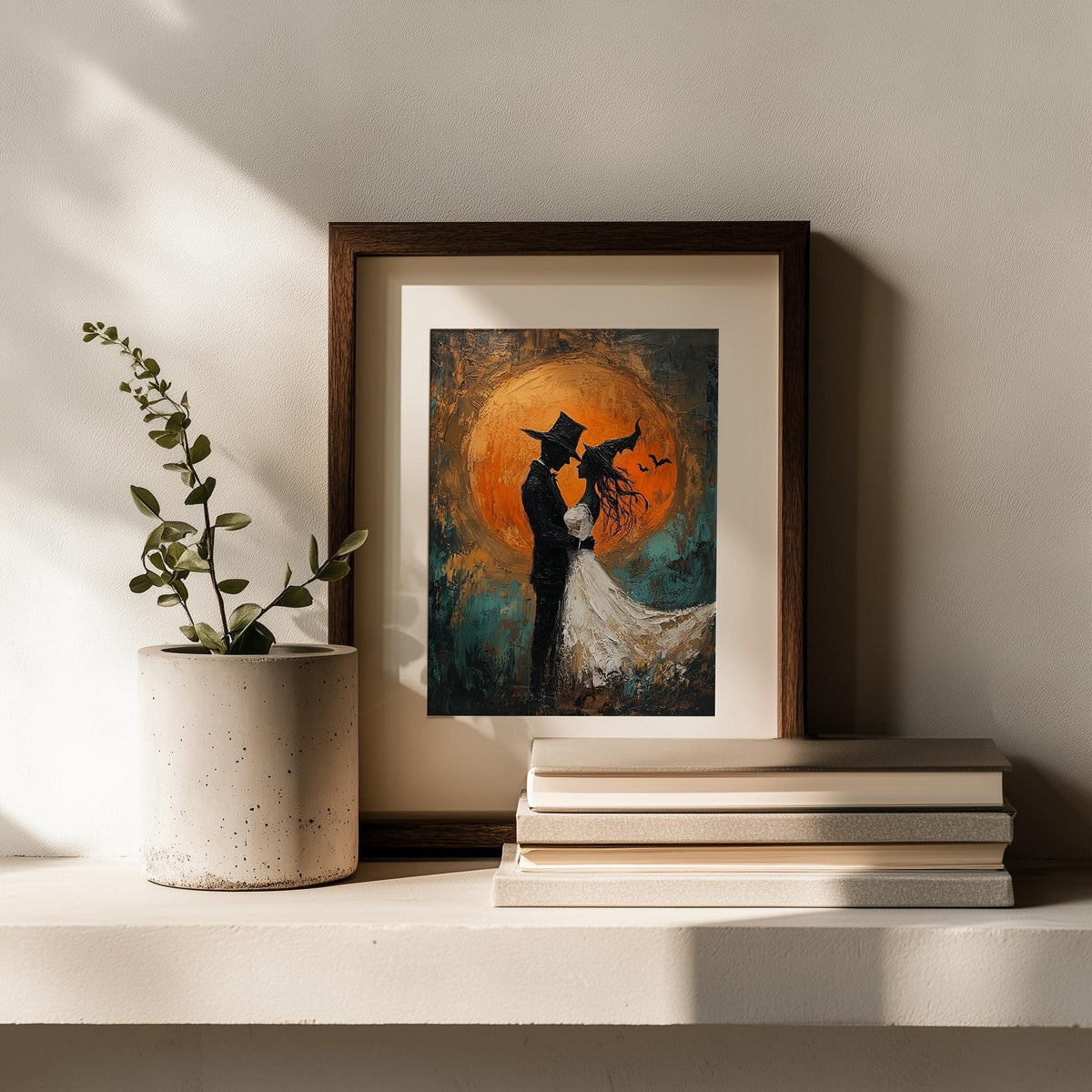 Moon Wedding Silhouette Halloween art print shown in a room setting