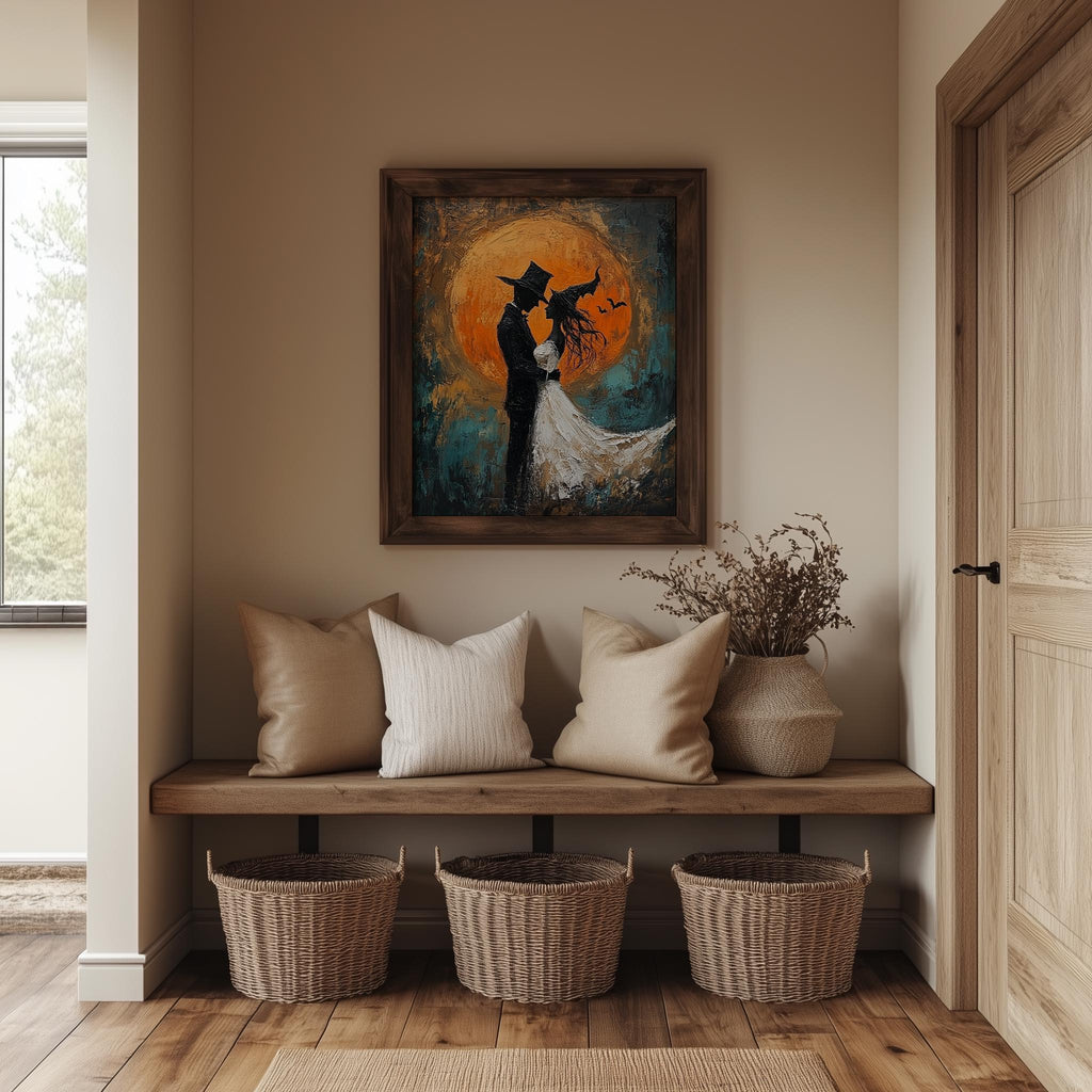 Moon Wedding Silhouette Halloween art print shown in a room setting