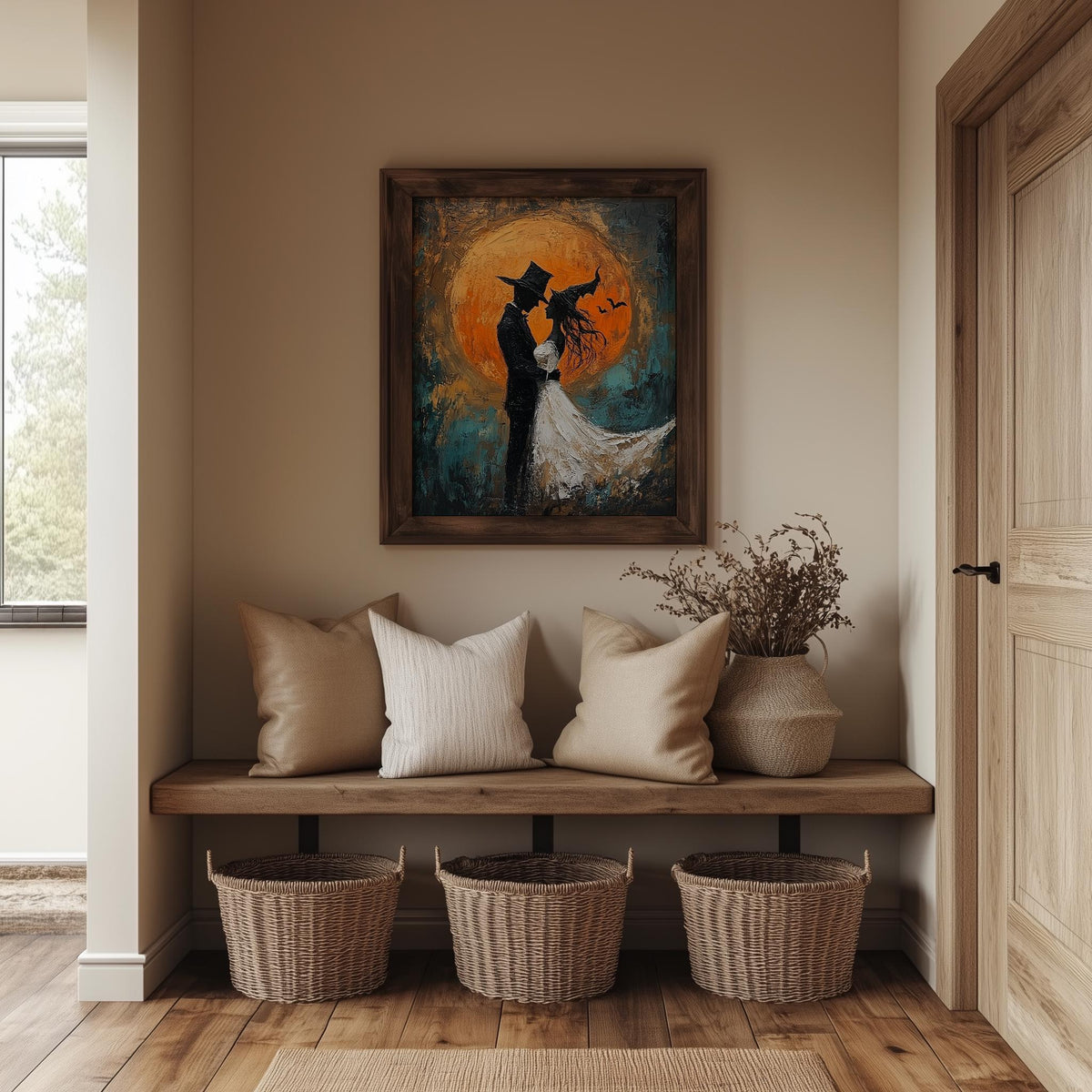 Moon Wedding Silhouette Halloween art print shown in a room setting