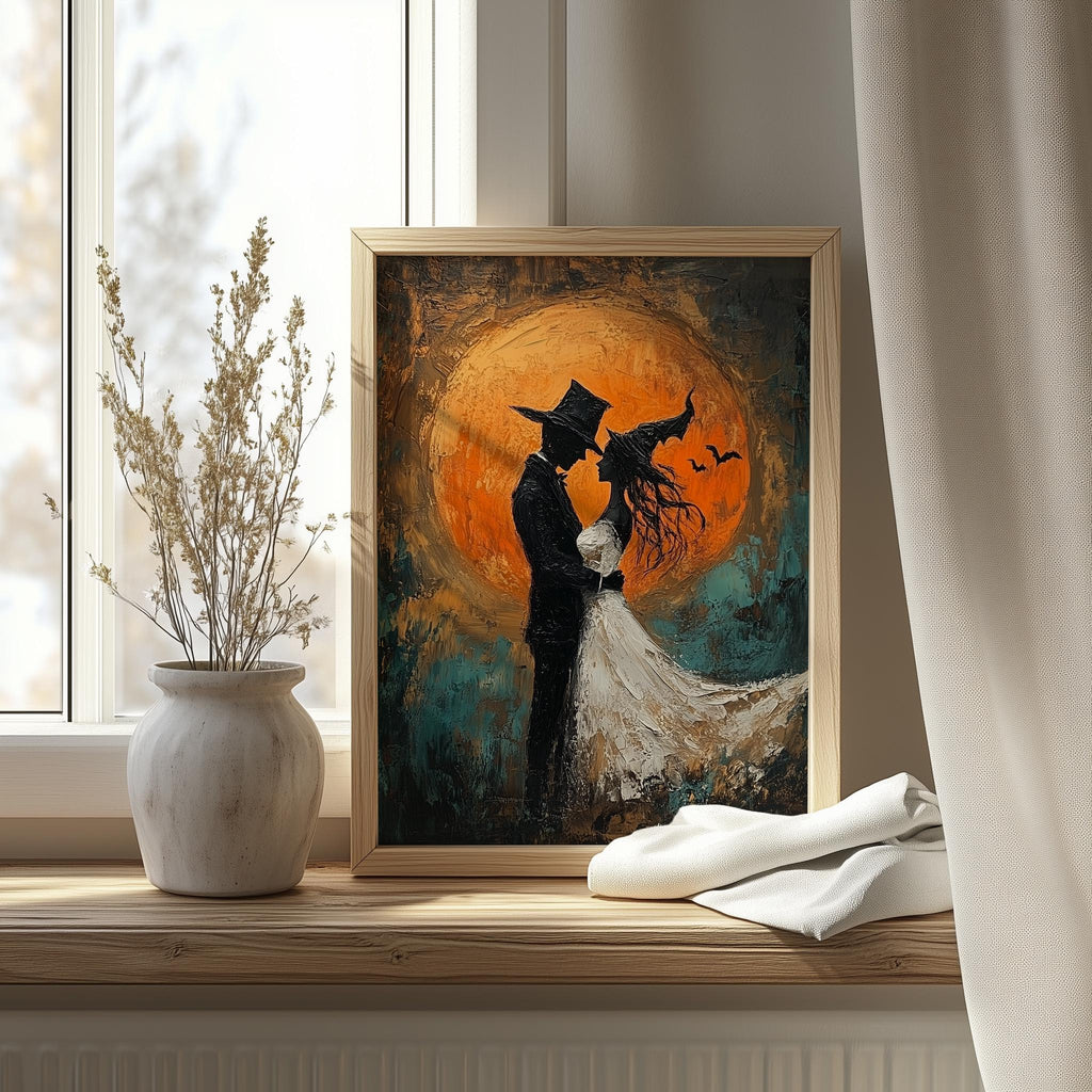 Moon Wedding Silhouette Halloween art print shown in a room setting