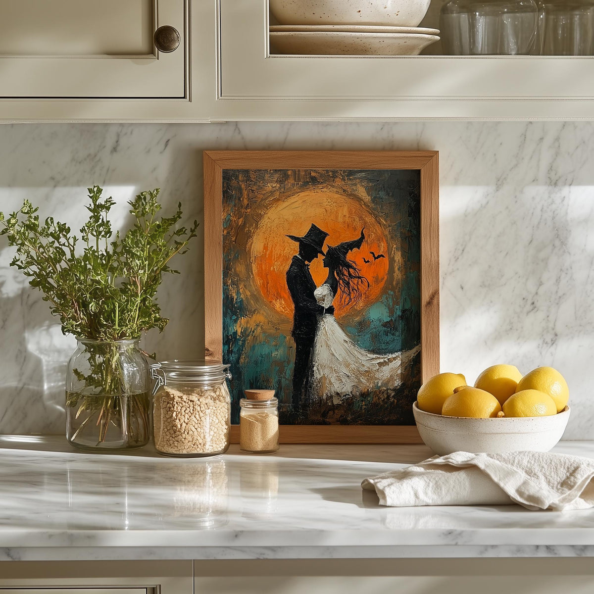 Moon Wedding Silhouette Halloween art print shown in a room setting