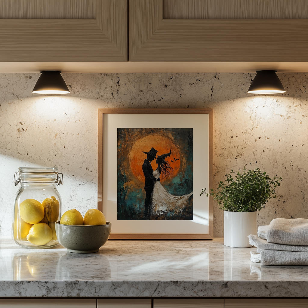 Moon Wedding Silhouette Halloween art print shown in a room setting