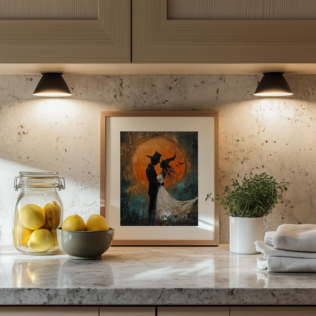 Moon Wedding Silhouette Halloween art print shown in a room setting