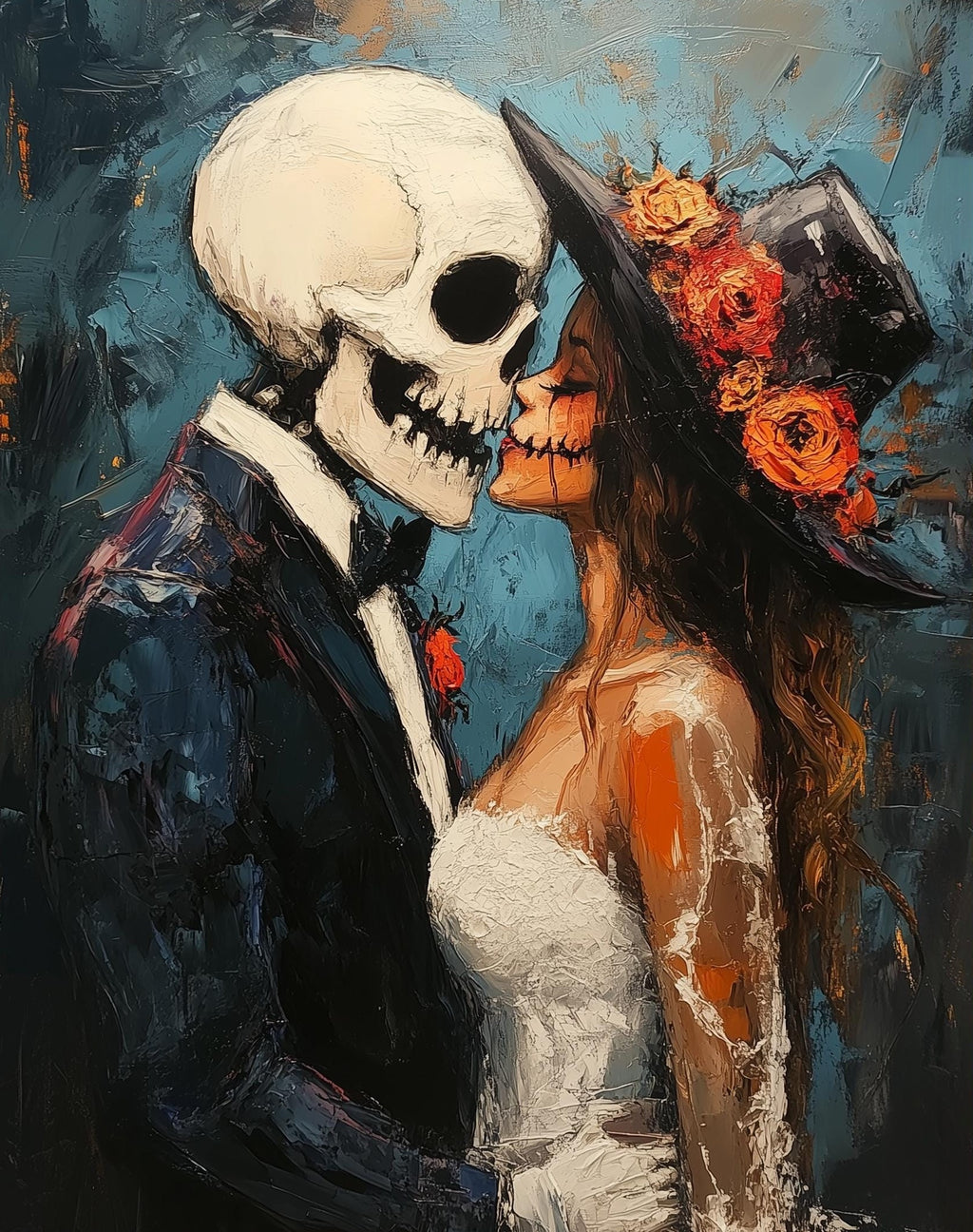 Skeleton Kiss Halloween art print unframed, signed by Pattie Overcash