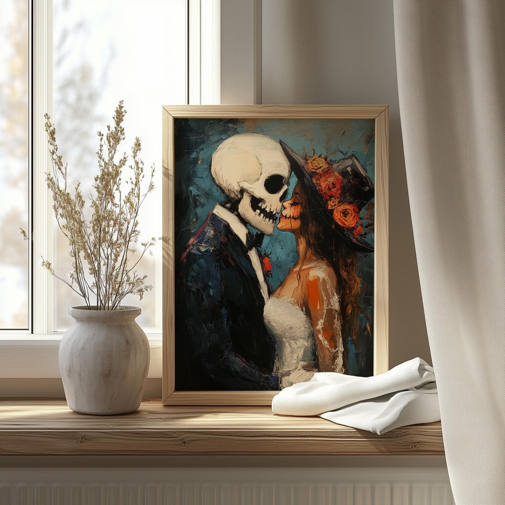 Skeleton Kiss Halloween art print shown in a room setting