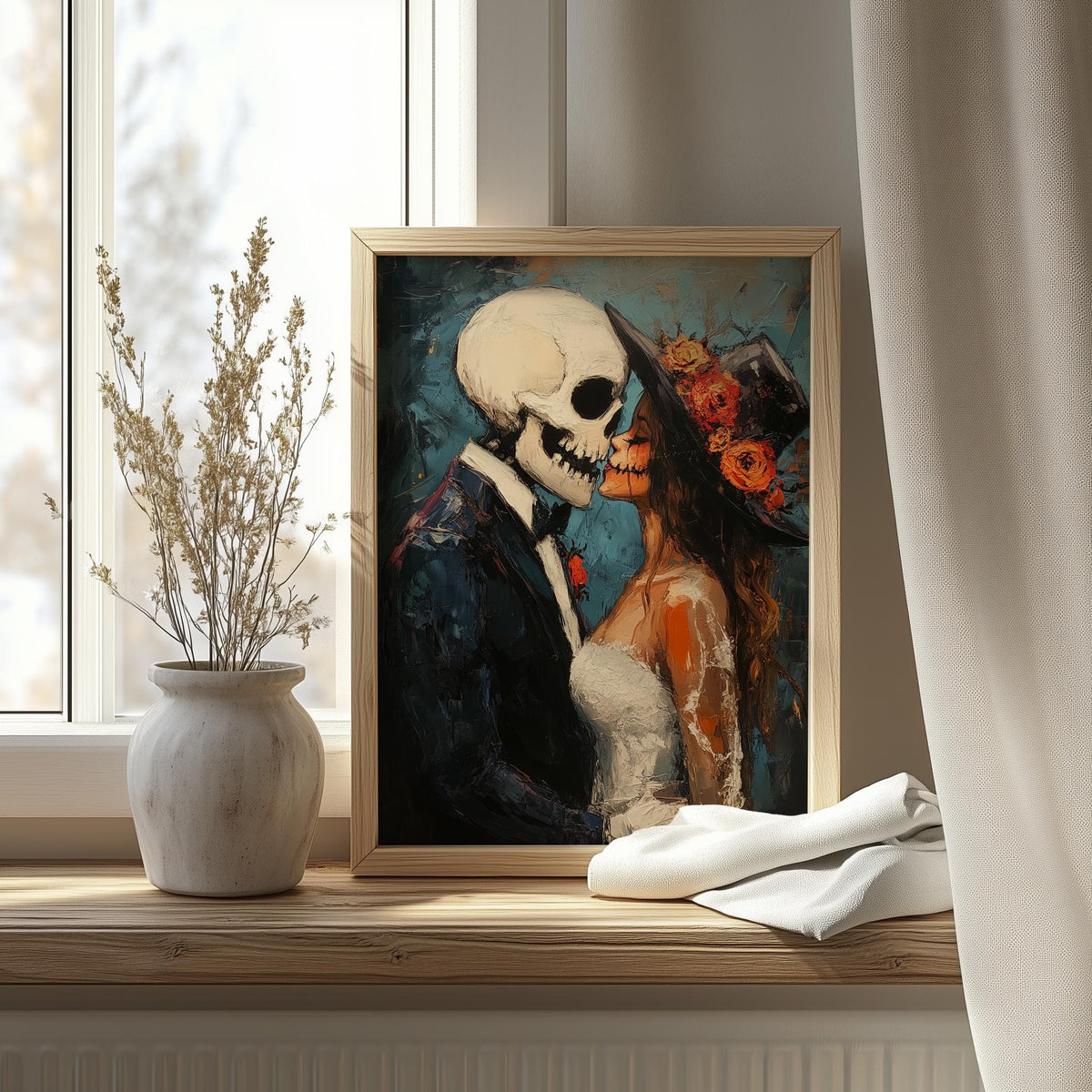 Skeleton Kiss Halloween art print shown in a room setting