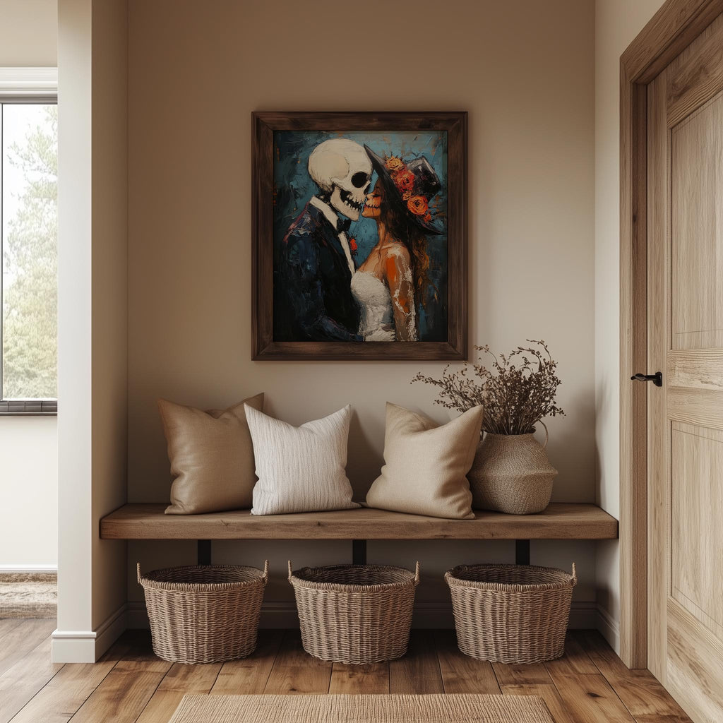 Skeleton Kiss Halloween art print shown in a room setting