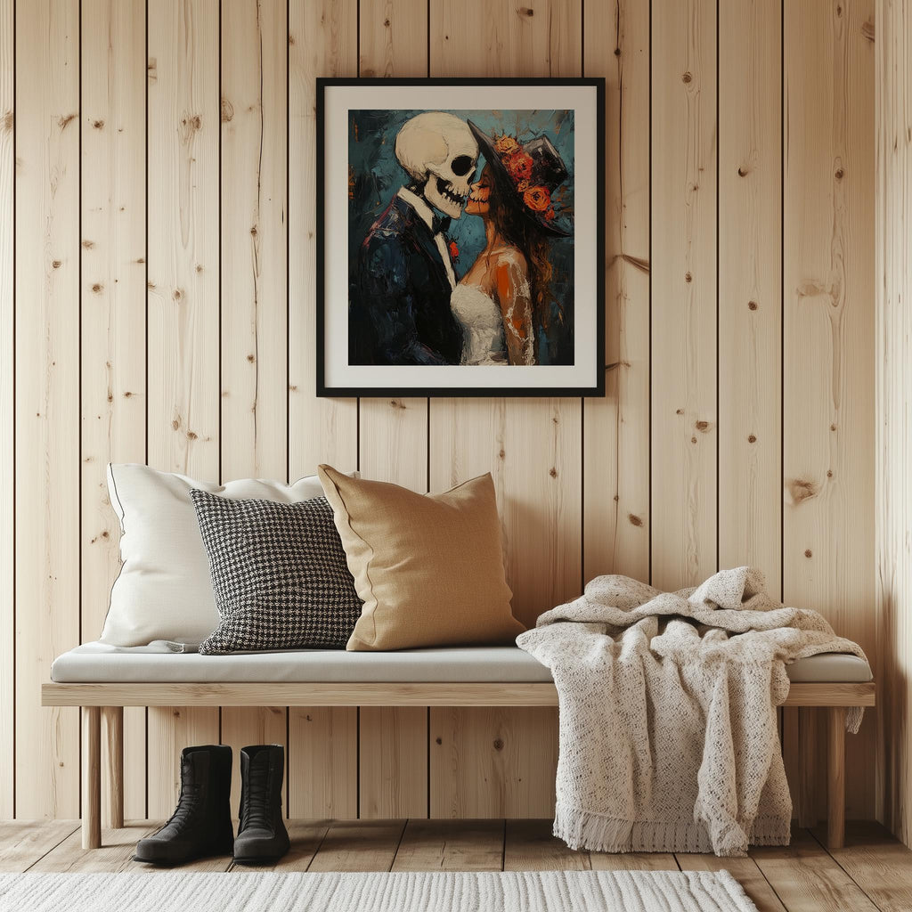 Skeleton Kiss Halloween art print shown in a room setting