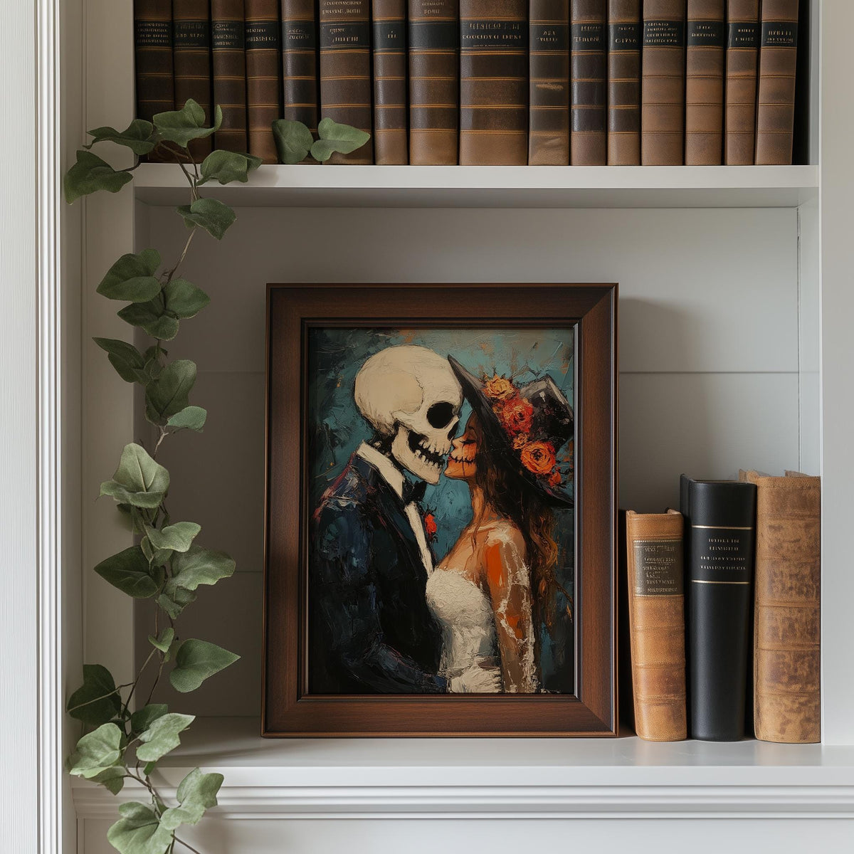 Skeleton Kiss Halloween art print shown in a room setting