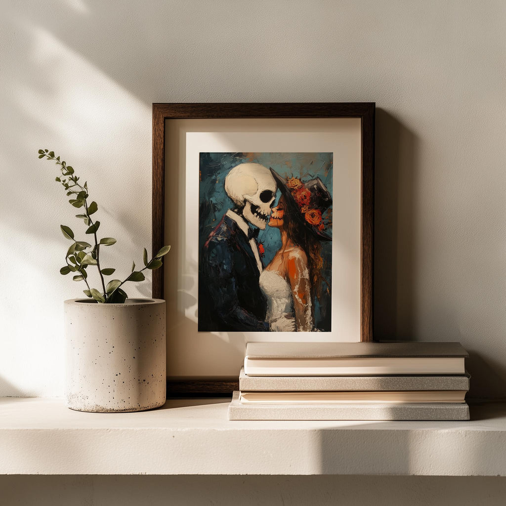 Skeleton Kiss Halloween art print shown in a room setting