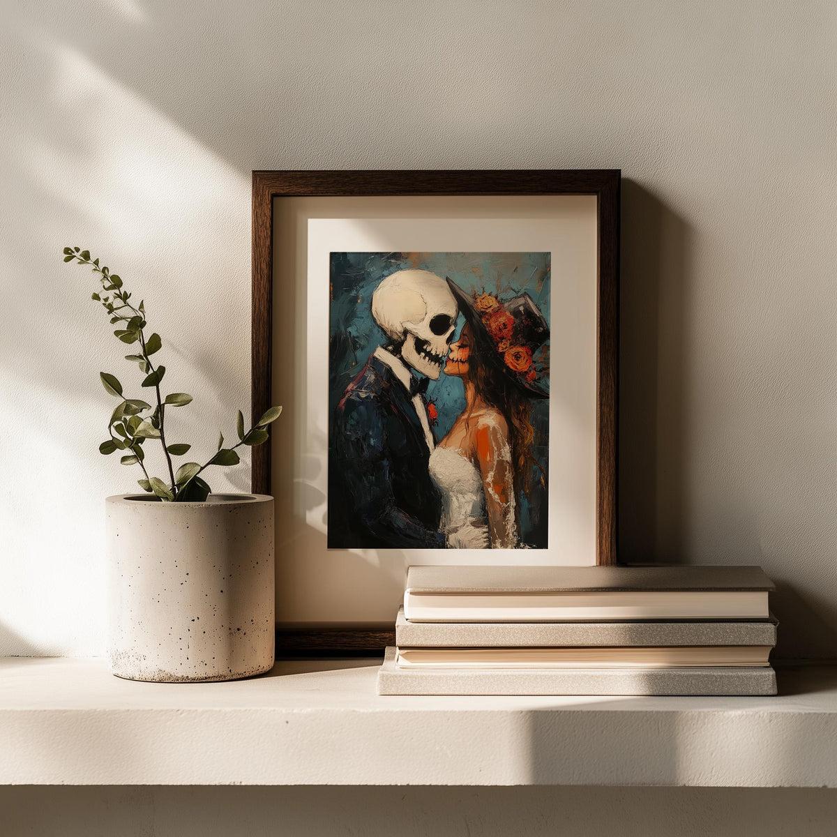 Skeleton Kiss Halloween art print shown in a room setting