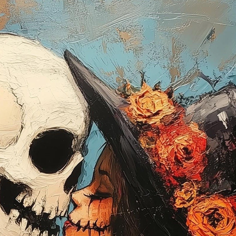 Skeleton Kiss Halloween art print close-up detail