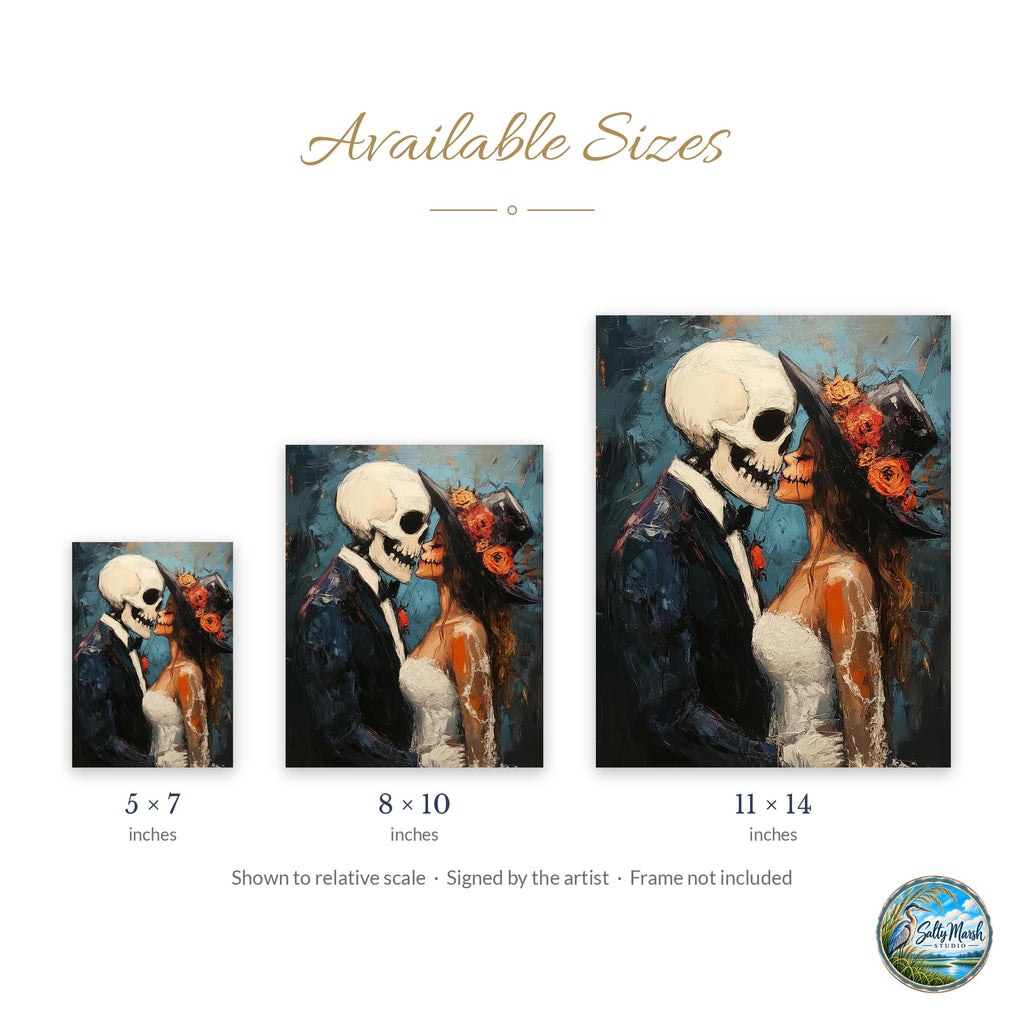 Skeleton Kiss art print size guide: 5x7, 8x10 and 11x14
