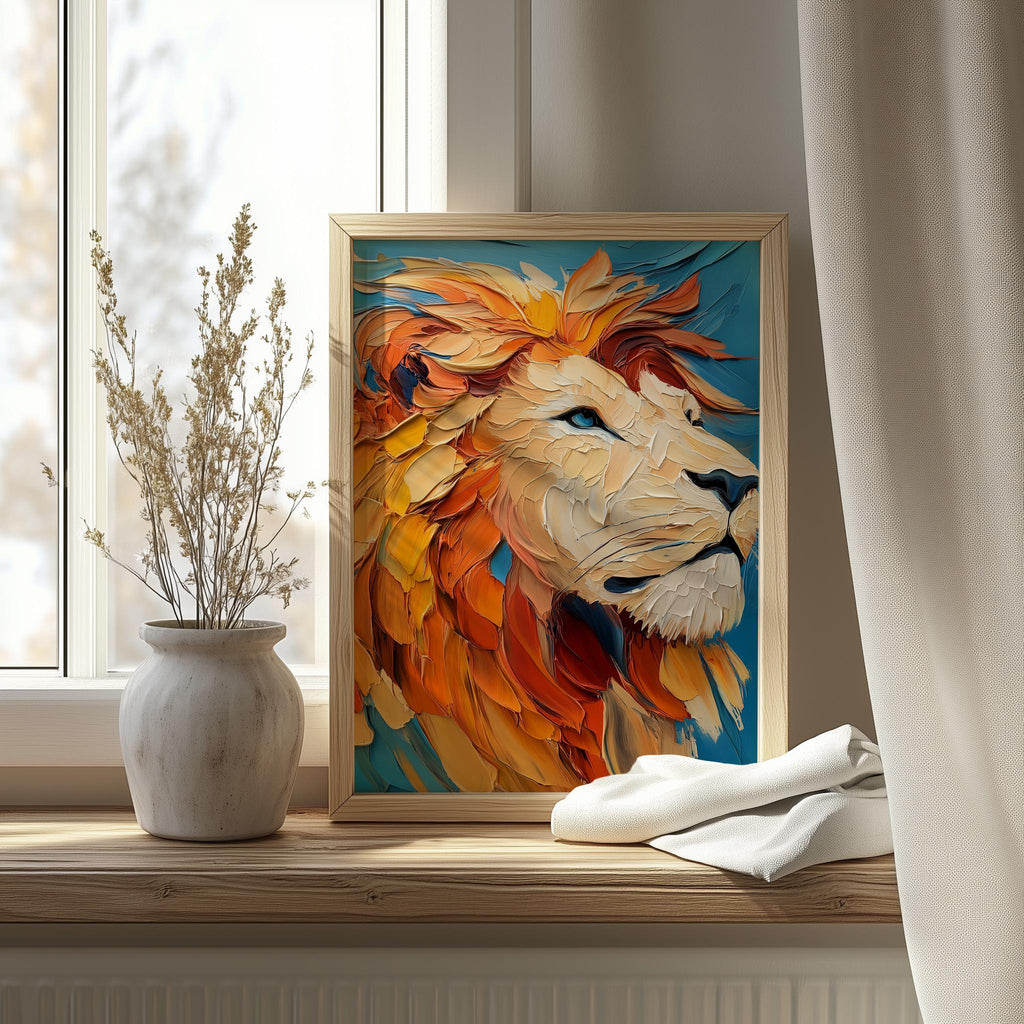 Bold Lion animal art print shown in a room setting