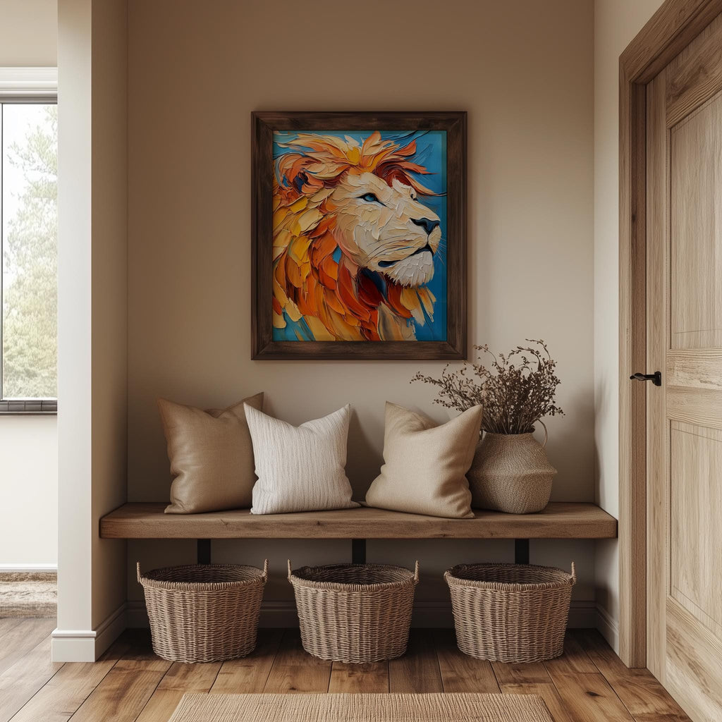 Bold Lion animal art print shown in a room setting