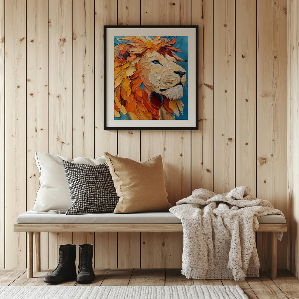 Bold Lion animal art print shown in a room setting