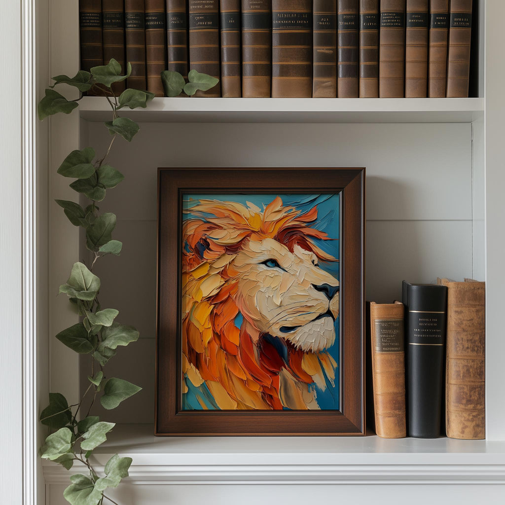 Bold Lion animal art print shown in a room setting
