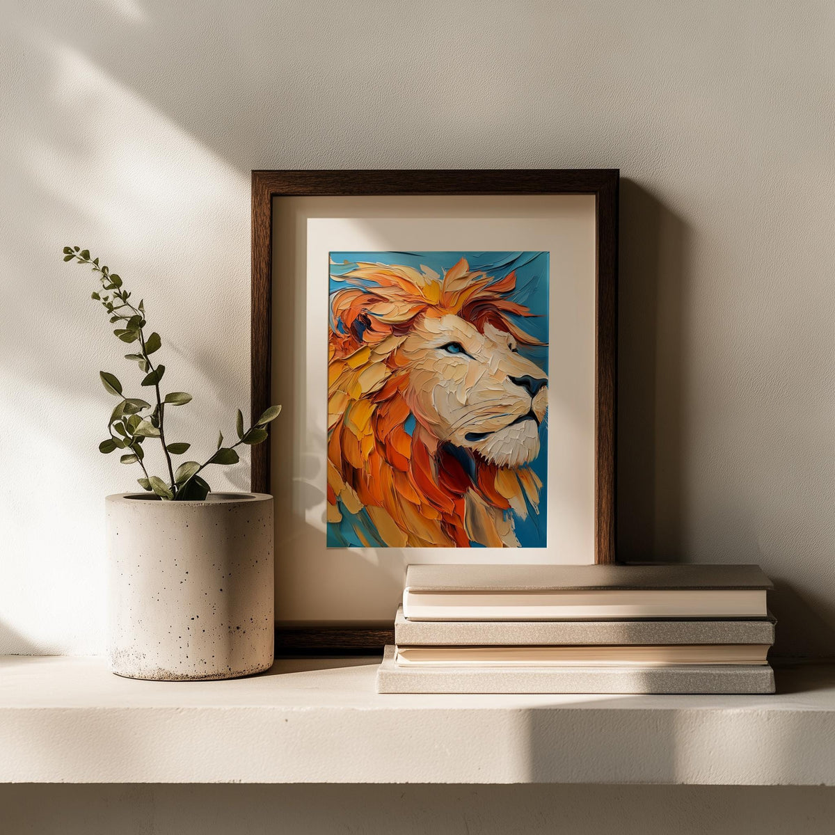 Bold Lion animal art print shown in a room setting