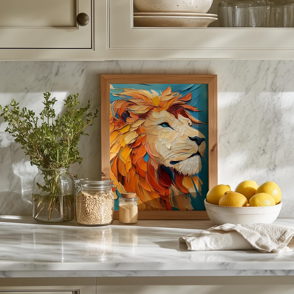 Bold Lion animal art print shown in a room setting