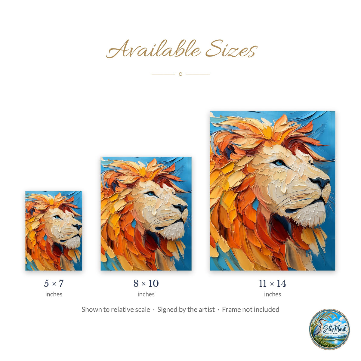 Bold Lion art print size guide: 5x7, 8x10 and 11x14