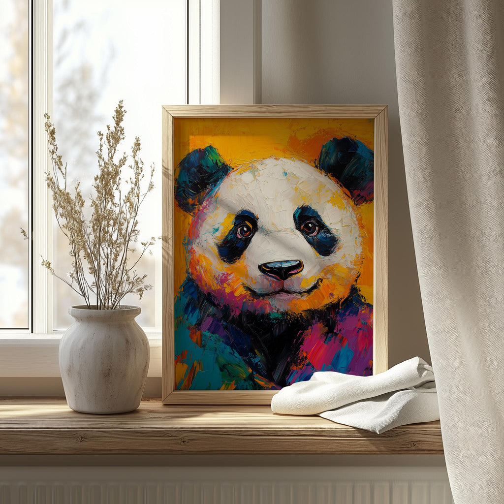 Colorful Panda animal art print shown in a room setting