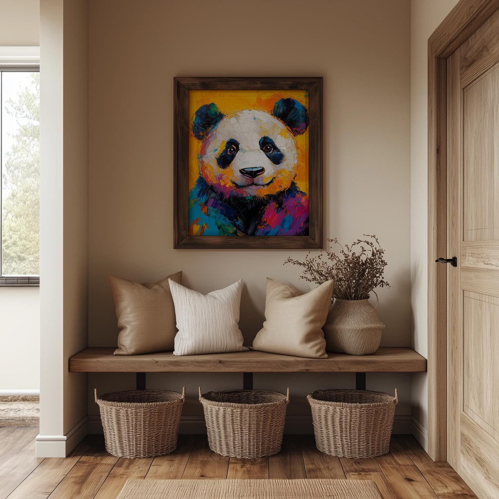 Colorful Panda animal art print shown in a room setting