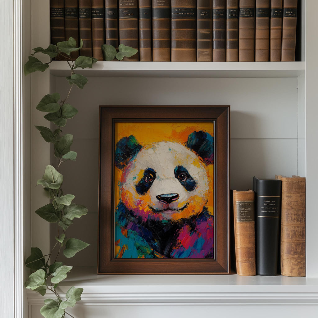 Colorful Panda animal art print shown in a room setting