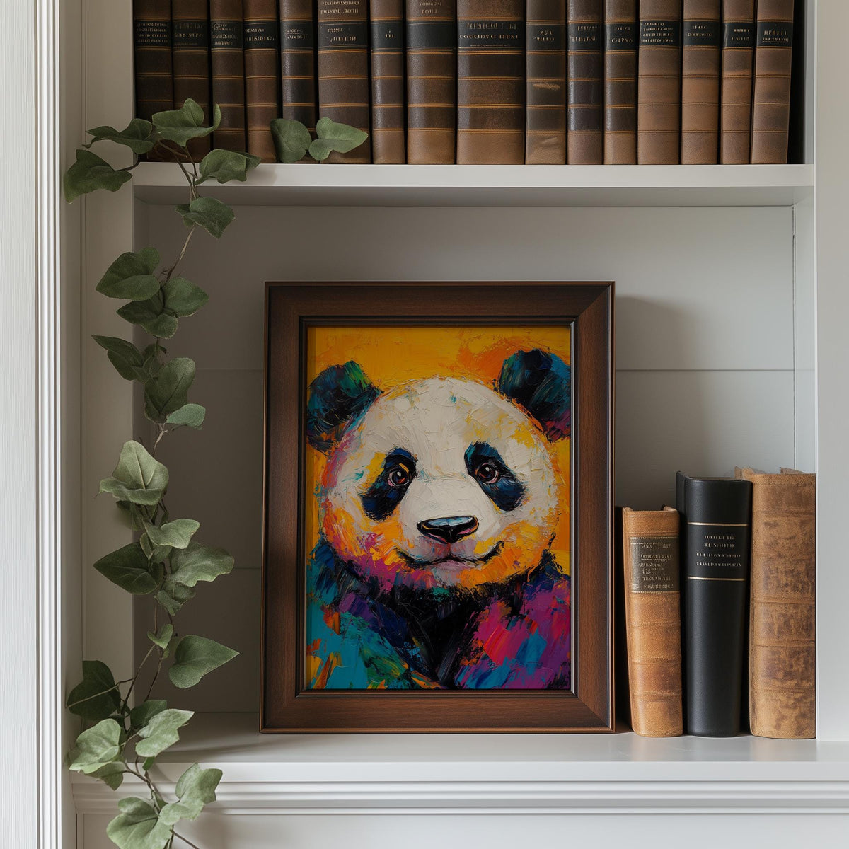 Colorful Panda animal art print shown in a room setting