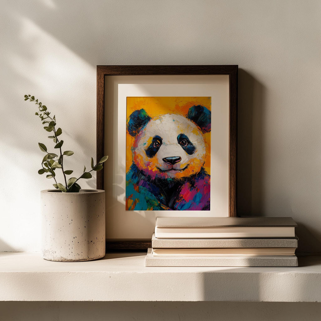 Colorful Panda animal art print shown in a room setting