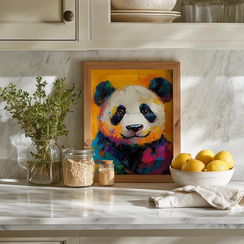 Colorful Panda animal art print shown in a room setting