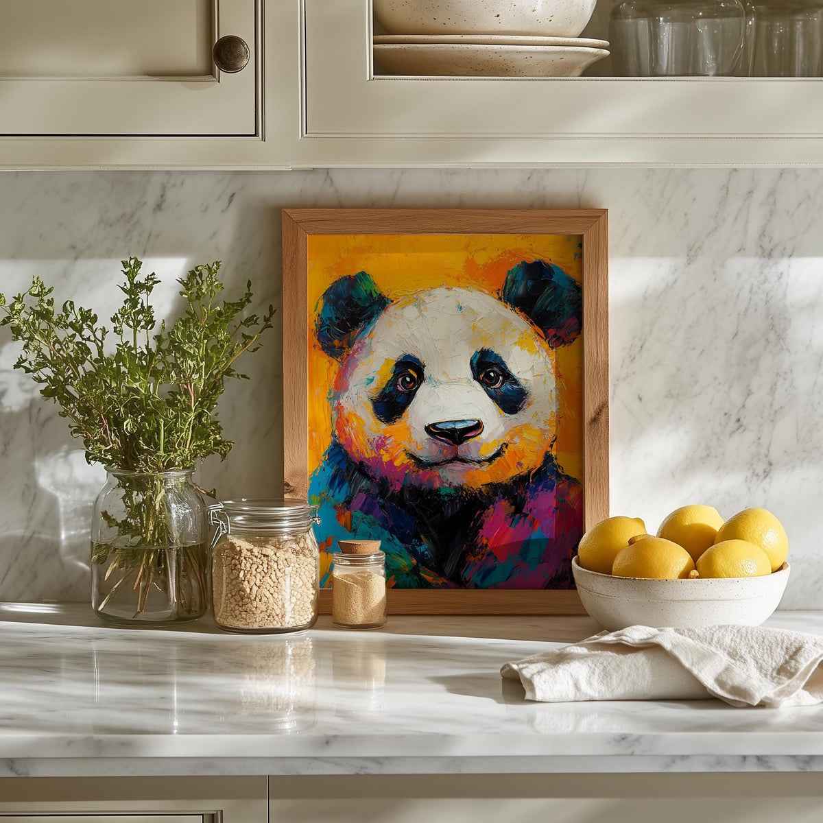 Colorful Panda animal art print shown in a room setting