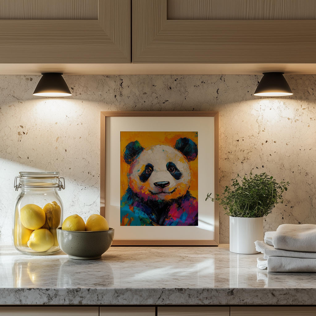 Colorful Panda animal art print shown in a room setting