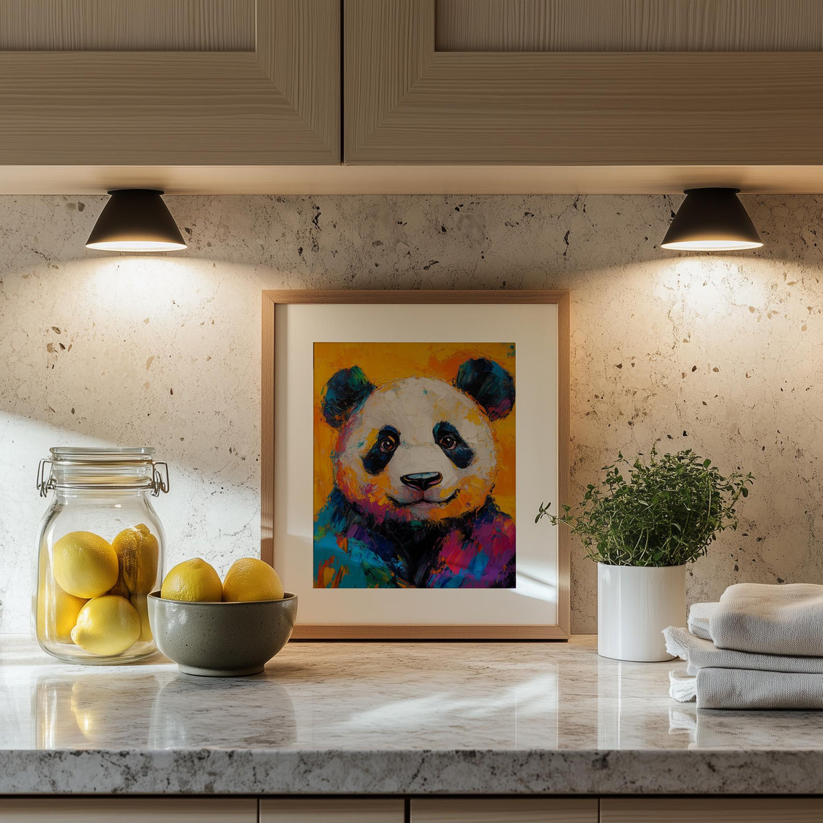 Colorful Panda animal art print shown in a room setting