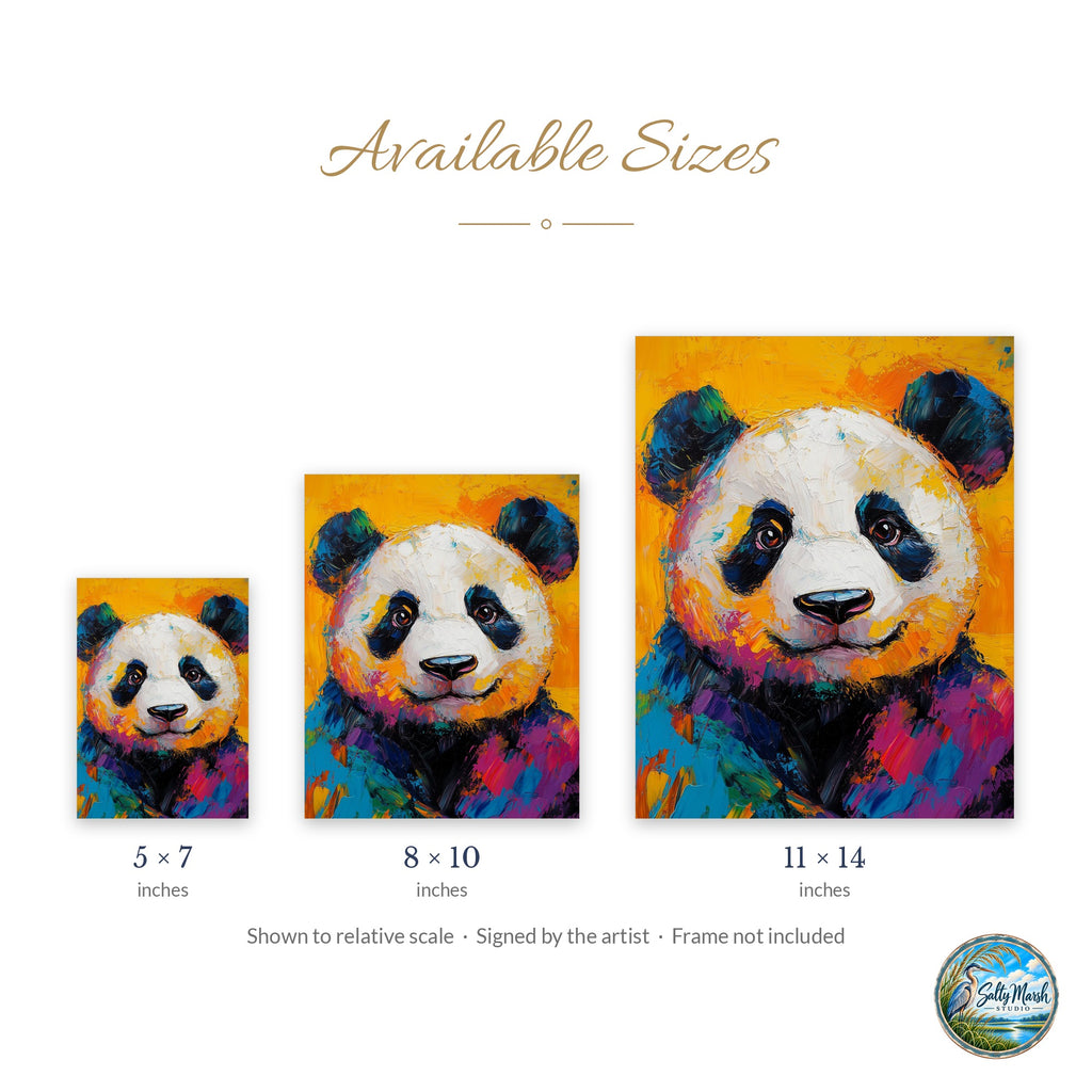 Colorful Panda art print size guide: 5x7, 8x10 and 11x14