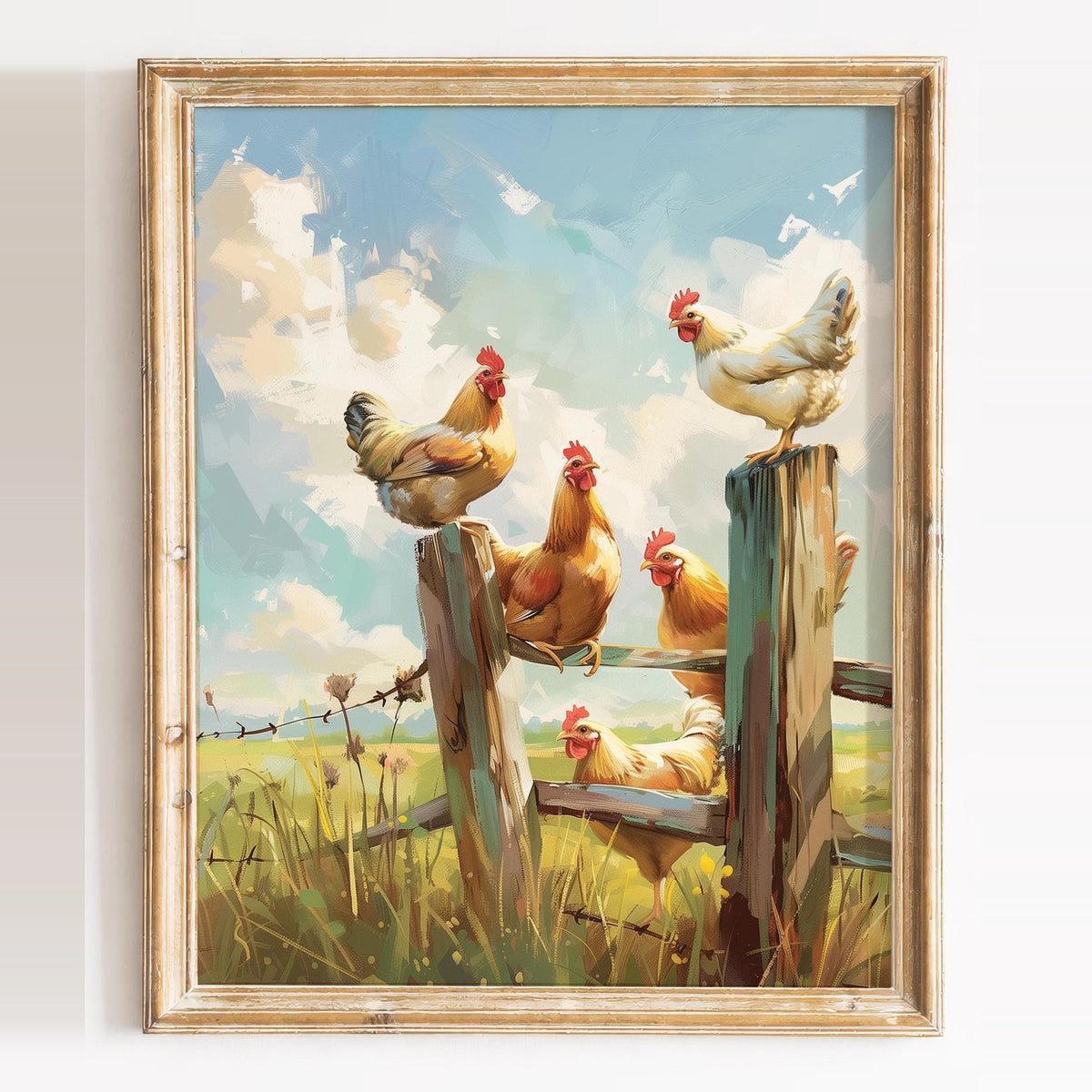 Chickens on Fence animal art print framed