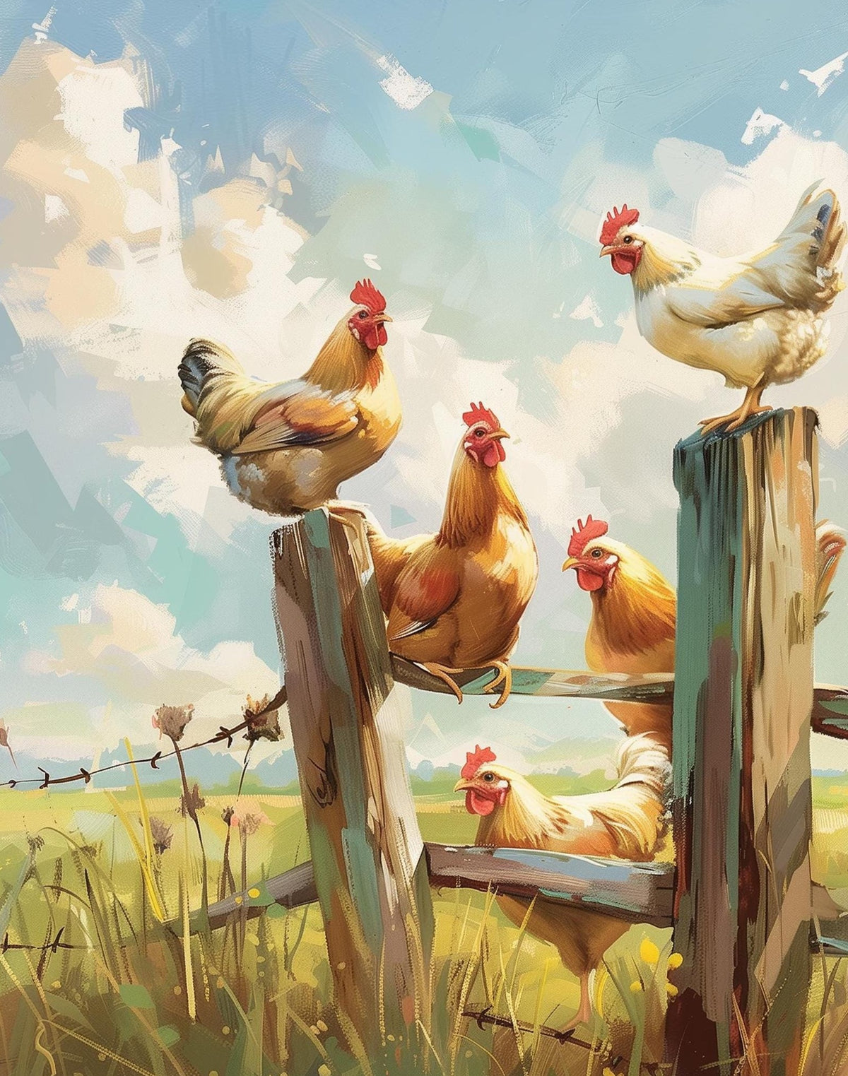 Chickens on Fence animal art print unframed, signed by Pattie Overcash