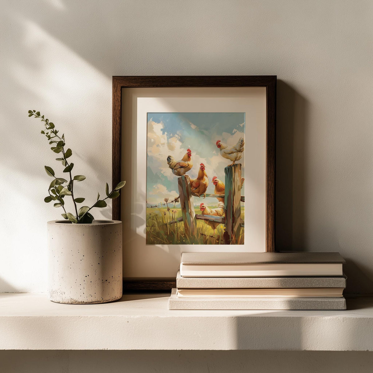 Chickens on Fence animal art print shown in a room setting