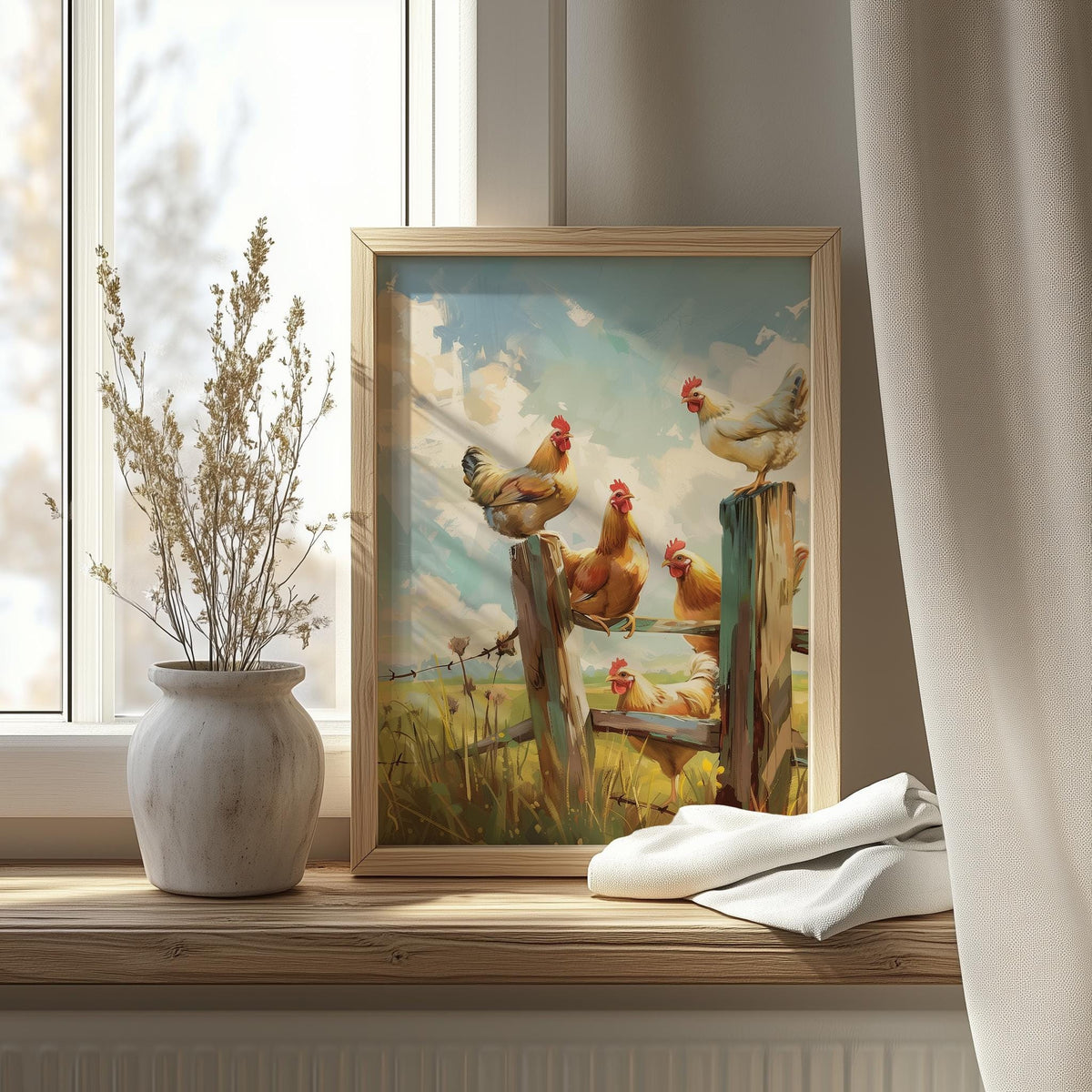 Chickens on Fence animal art print shown in a room setting