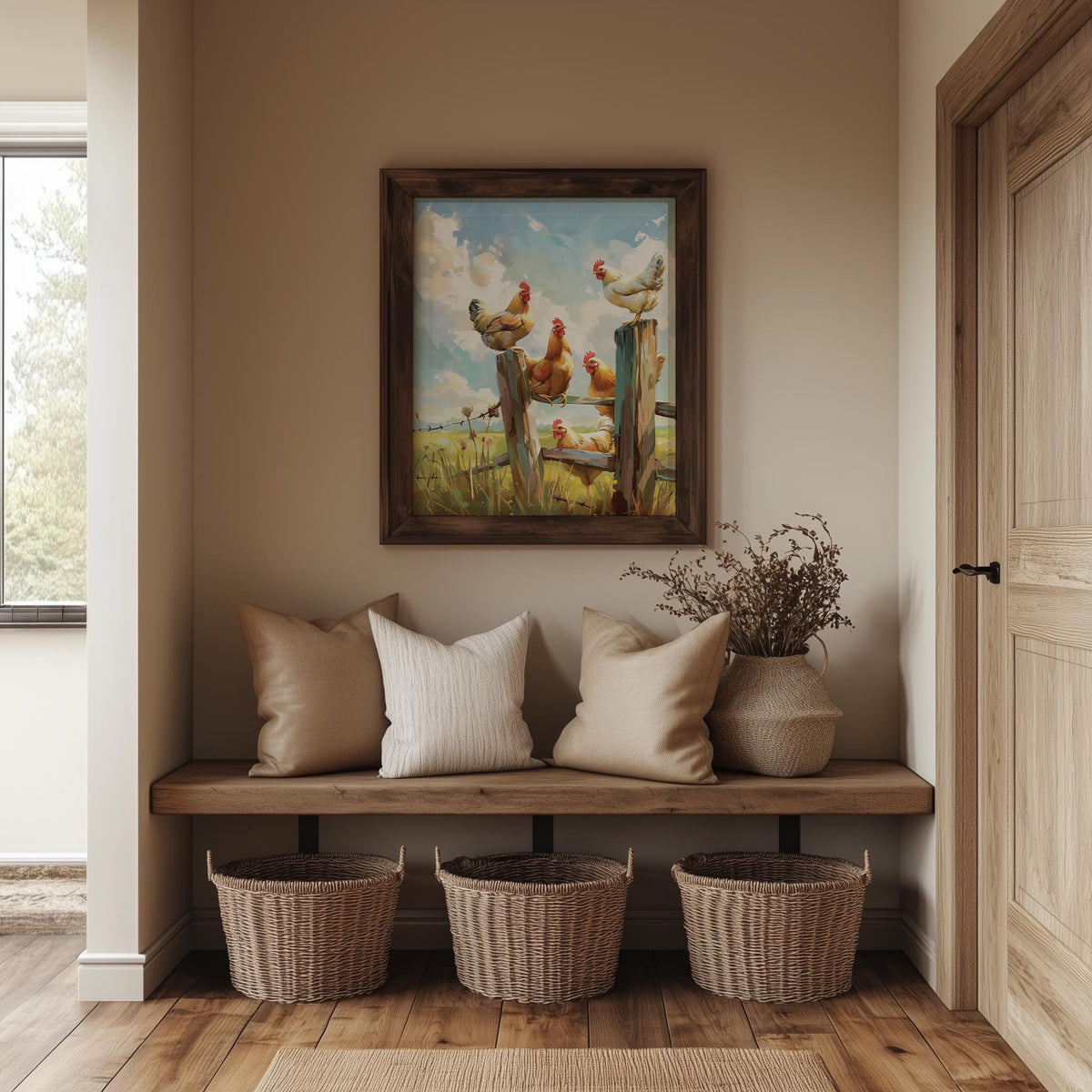 Chickens on Fence animal art print shown in a room setting