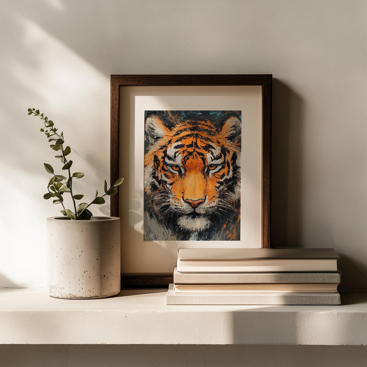 Bold Tiger animal art print shown in a room setting
