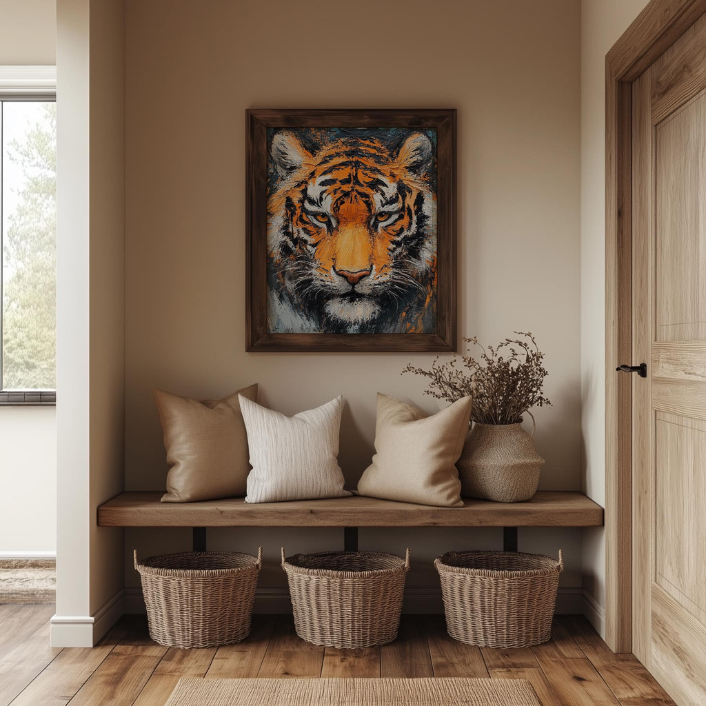 Bold Tiger animal art print shown in a room setting