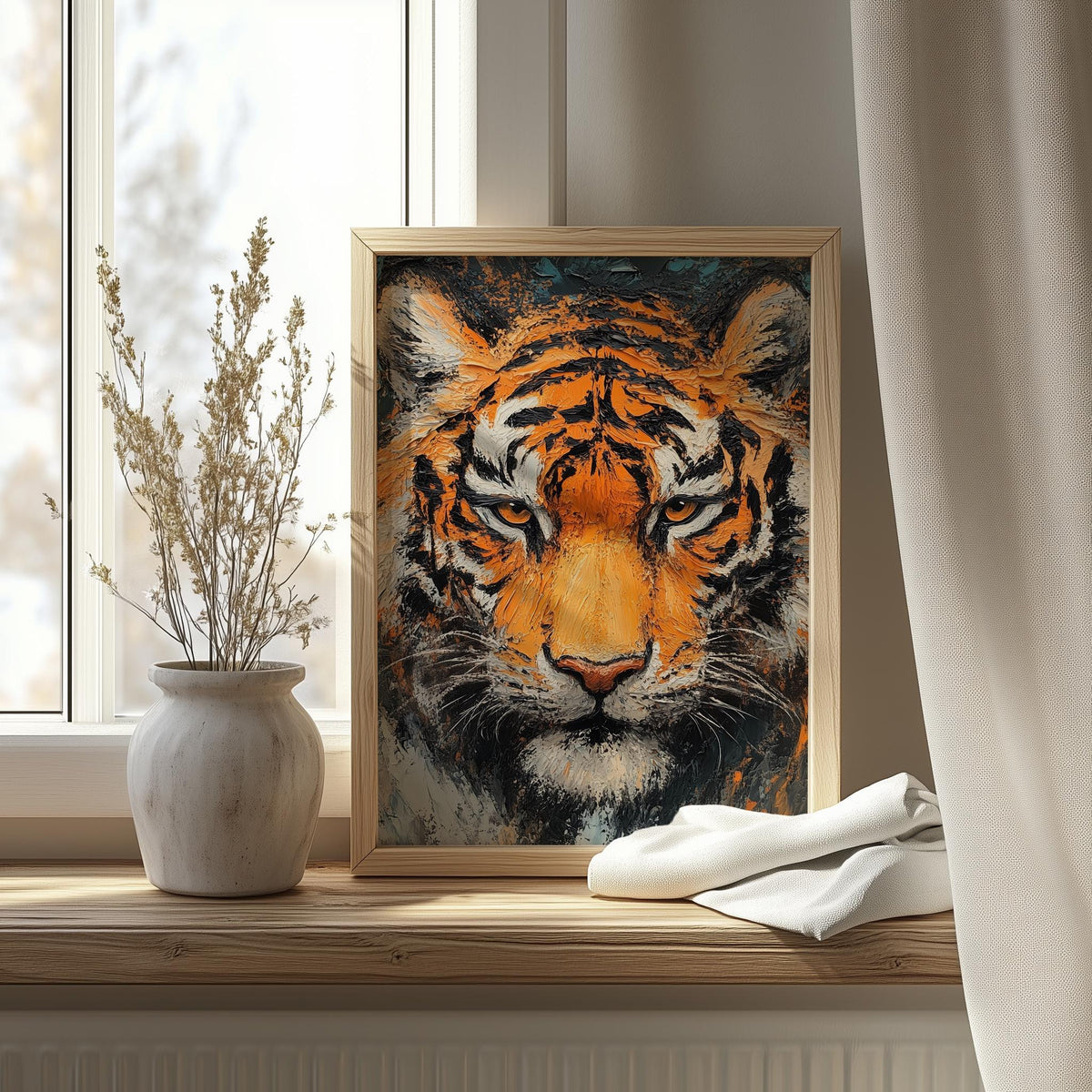 Bold Tiger animal art print shown in a room setting