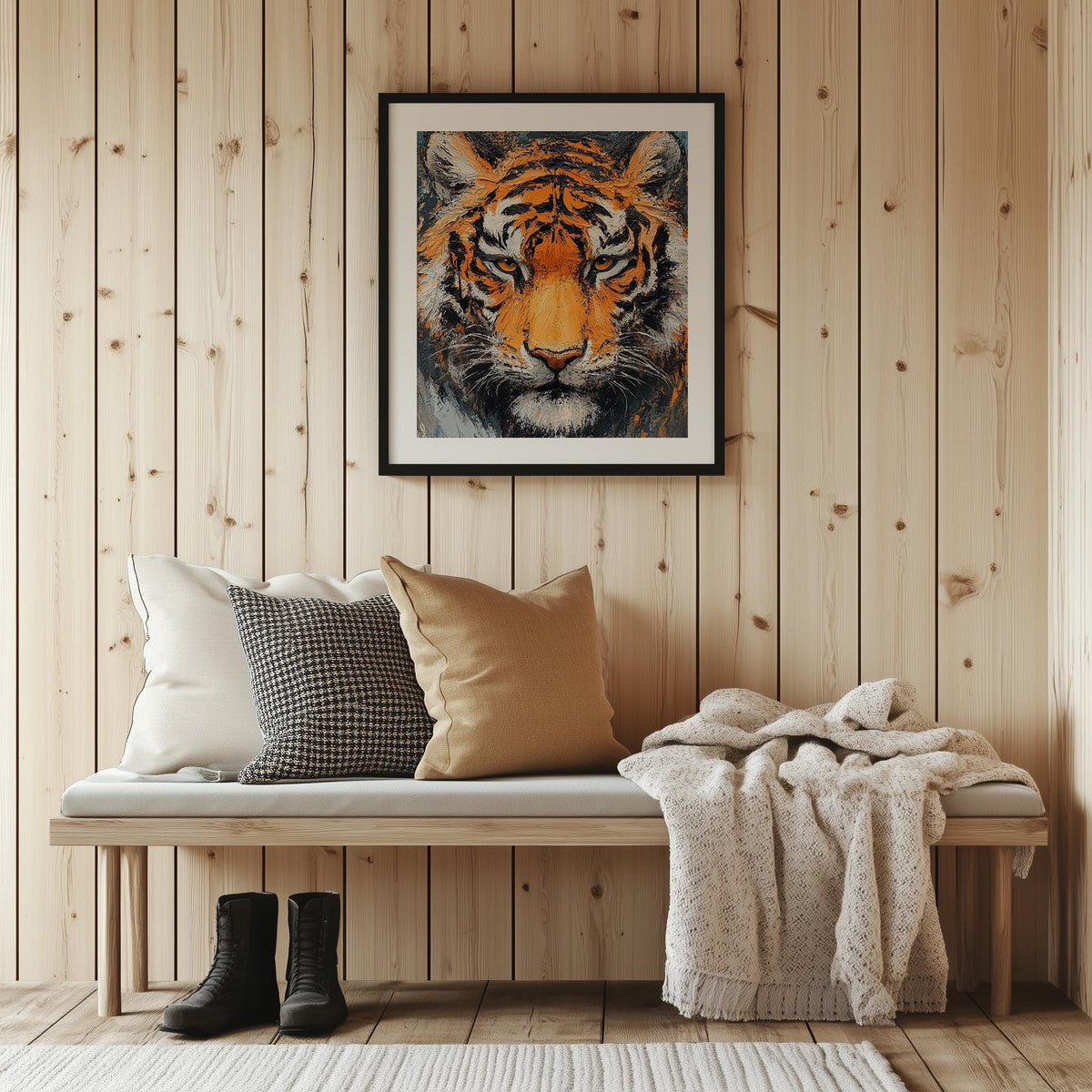 Bold Tiger animal art print shown in a room setting