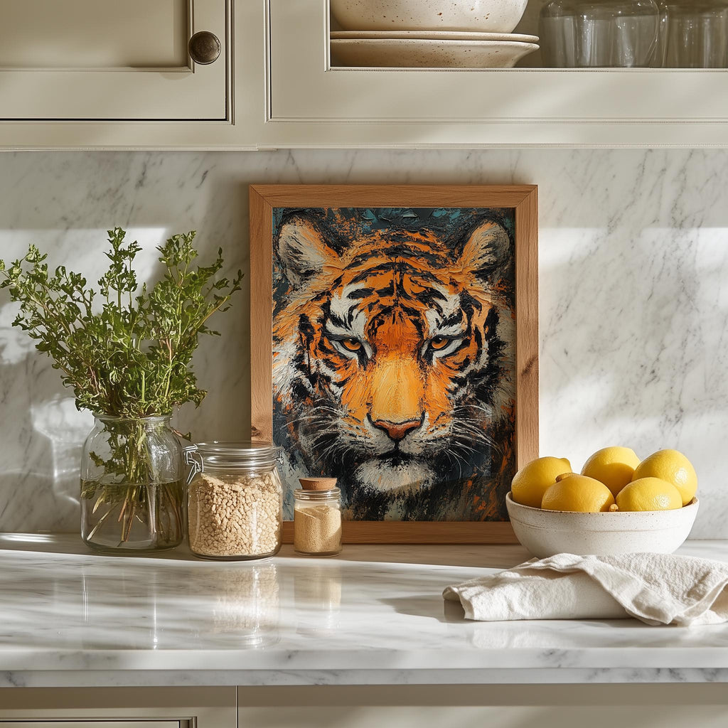 Bold Tiger animal art print shown in a room setting