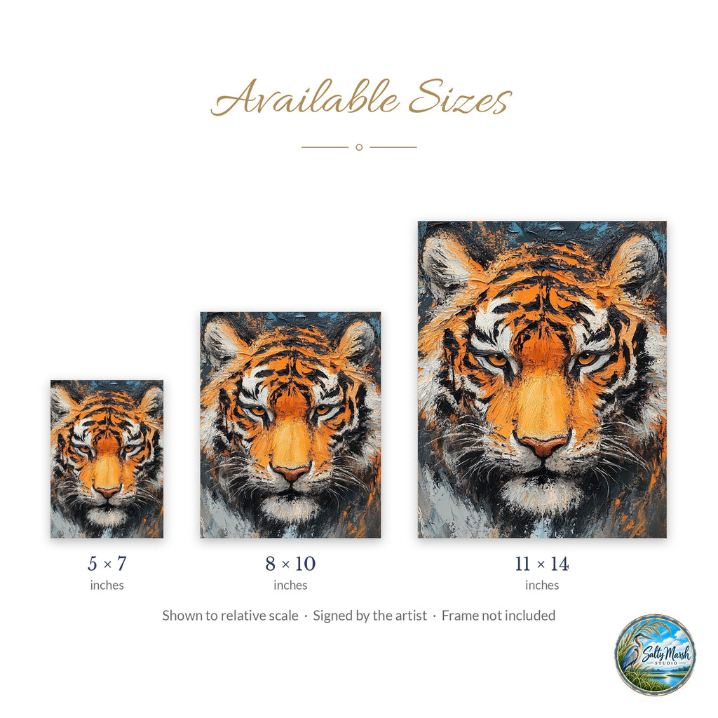 Bold Tiger art print size guide: 5x7, 8x10 and 11x14