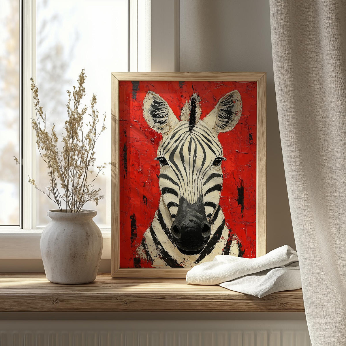Zebra Red animal art print shown in a room setting