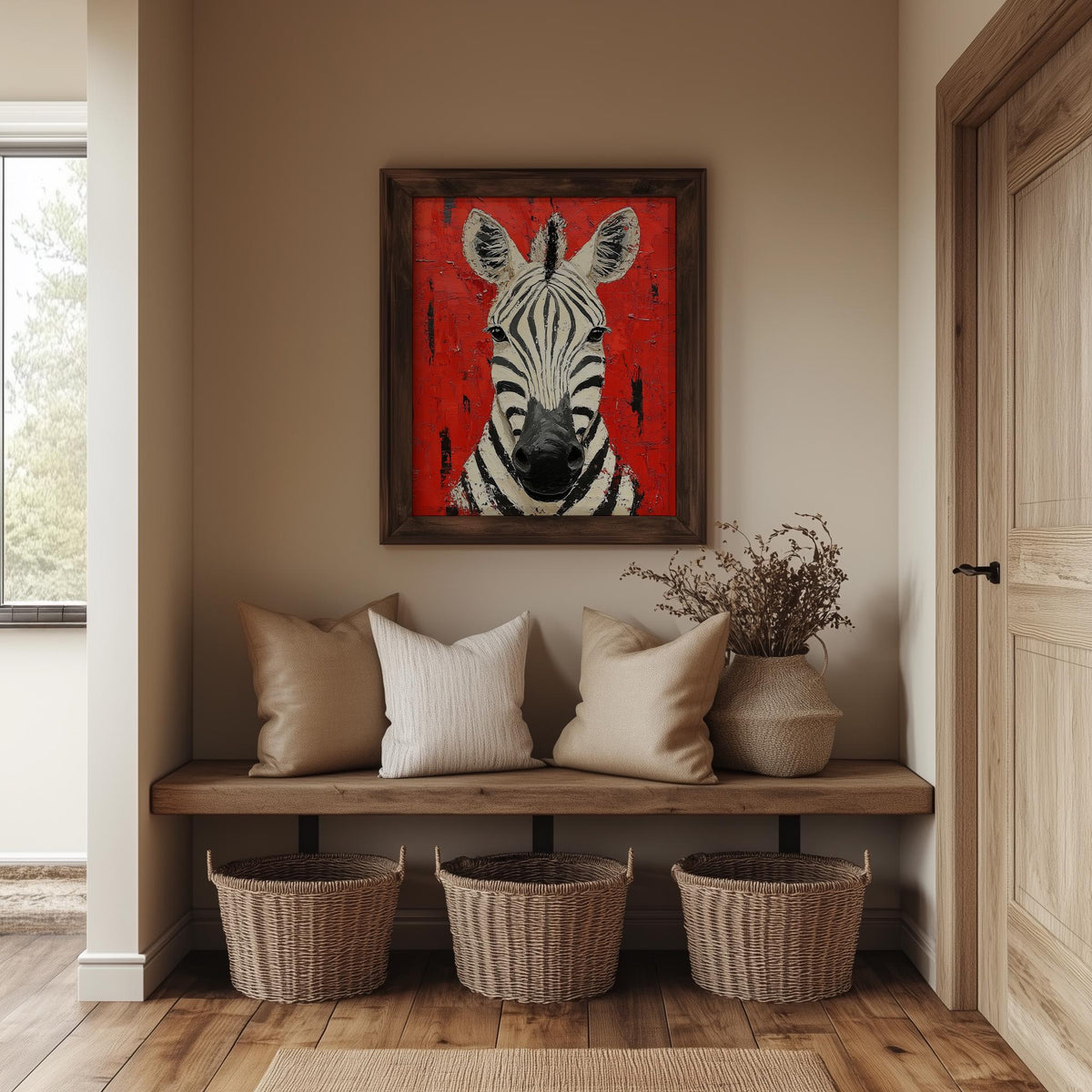 Zebra Red animal art print shown in a room setting